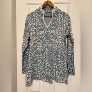 MFH Knit Women’s Sweater Geometric Pattern 100% Pima Cotton Blue & Cream Size XL